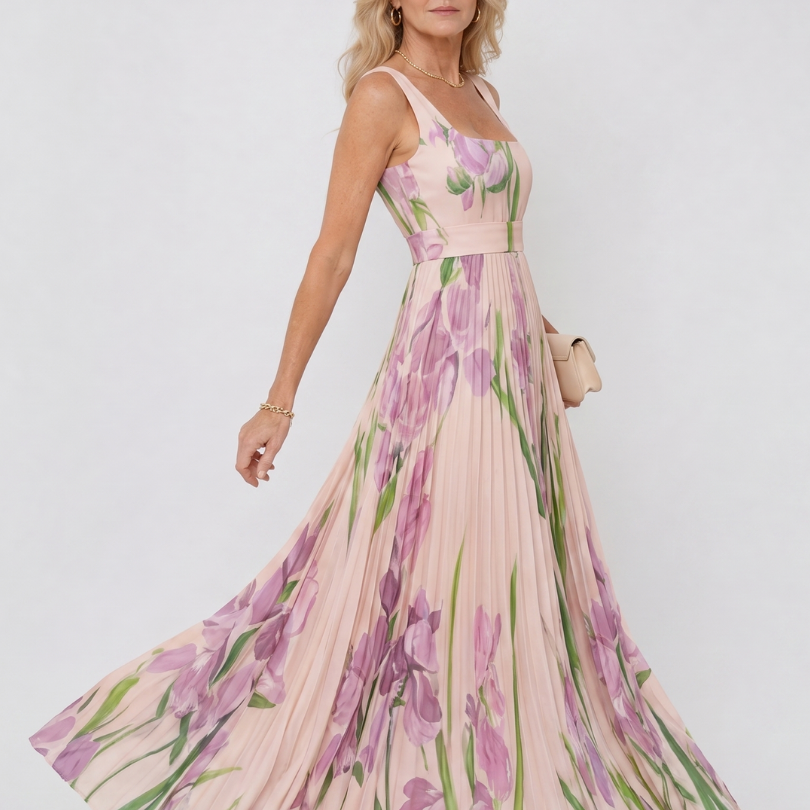 Vimele | Vestido Midi Sin Mangas con Cuello Cuadrado y Pliegues