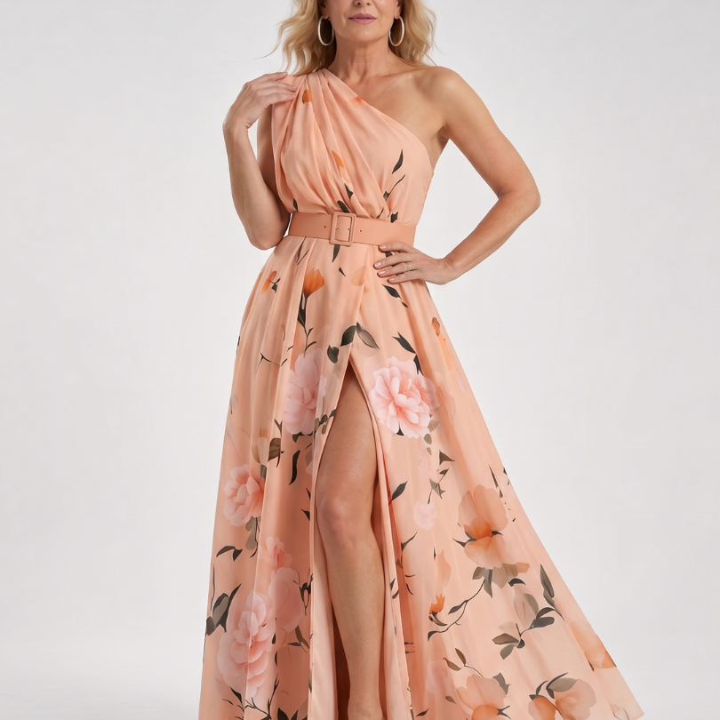 Manios | Vestido Maxi de Un Hombro con Estampado Floral