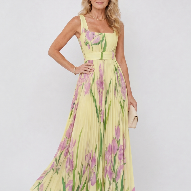 Vimele | Vestido Midi Sin Mangas con Cuello Cuadrado y Pliegues