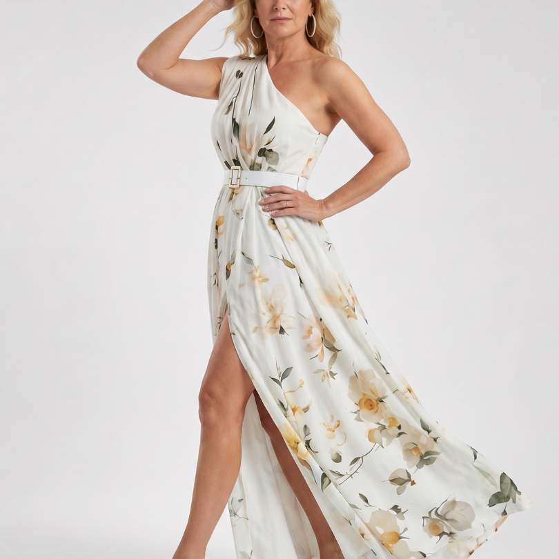 Manios | Vestido Maxi de Un Hombro con Estampado Floral
