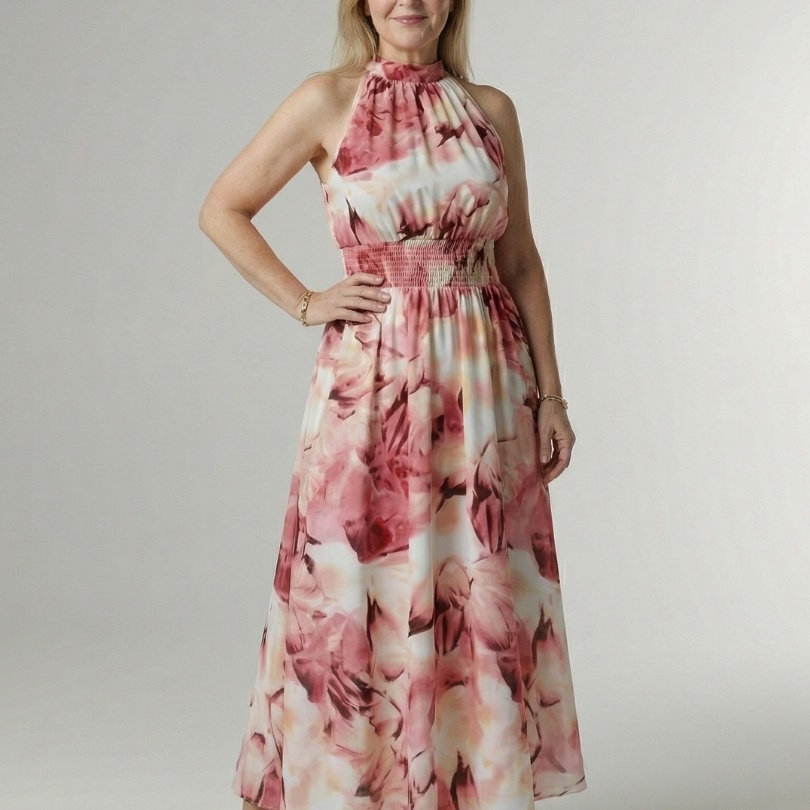 Sylin | Vestido Midi con Cuello Halter y Detalle Fruncido
