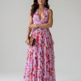 Nori | Vestido Maxi Floral con Escote Halter y Cuerpo Ajustado