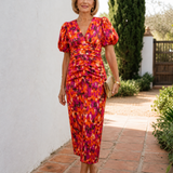 Zavienna | Vestido Midi con Mangas Abullonadas y Detalles Fruncidos en Estampado Abstracto