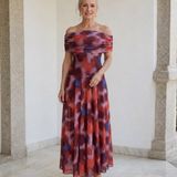 Violla | Vestido Midi Fluido con Estampado de Acuarela y Hombros al Descubierto