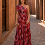 Zarephine | Vestido Maxi Fluido de Un Hombro con Estampado Acuarela