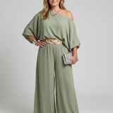 Siomara | Blusa de Un Hombro con Mangas Anchas y Conjunto de Pantalones de Pierna Ancha