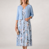 Celeste | Vestido midi sin mangas con chaqueta corta de estampado floral