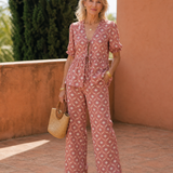 Somar | Conjunto de Top con Mangas Abullonadas y Estampado Floral + Pantalones de Pierna Recta