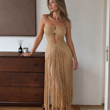 Zampa | Maxi Vestido de Ganchillo con Flecos y Cuello Halter
