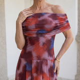 Violla | Vestido Midi Fluido con Estampado de Acuarela y Hombros al Descubierto