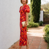 Zavienna | Vestido Midi con Mangas Abullonadas y Detalles Fruncidos en Estampado Abstracto