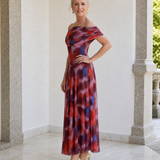 Violla | Vestido Midi Fluido con Estampado de Acuarela y Hombros al Descubierto