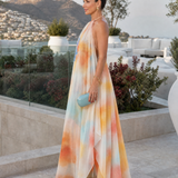 Solmira | Vestido Maxi Fluido con Escote Halter en Estampado Acuarela