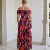 Violla | Vestido Midi Fluido con Estampado de Acuarela y Hombros al Descubierto