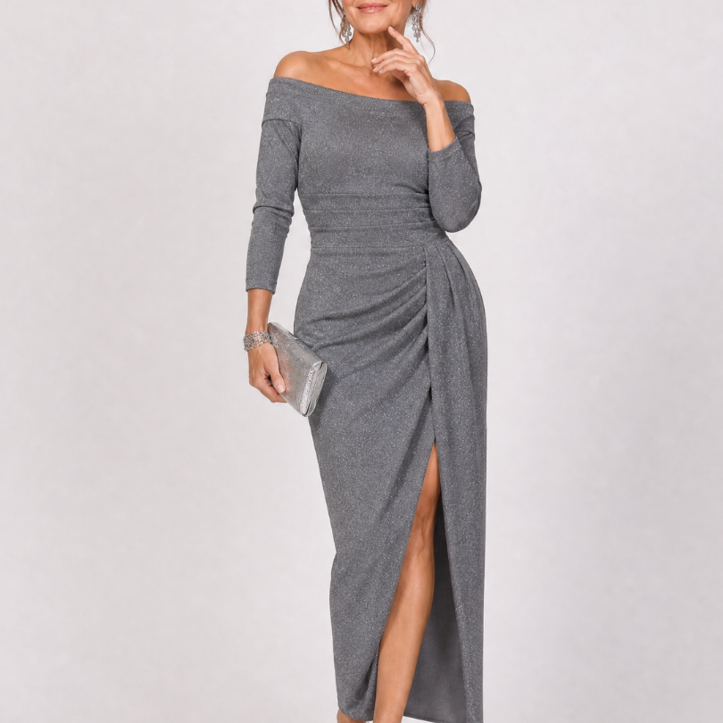 Tindra | Vestido Midi con Hombros al Descubierto y Detalles Fruncidos