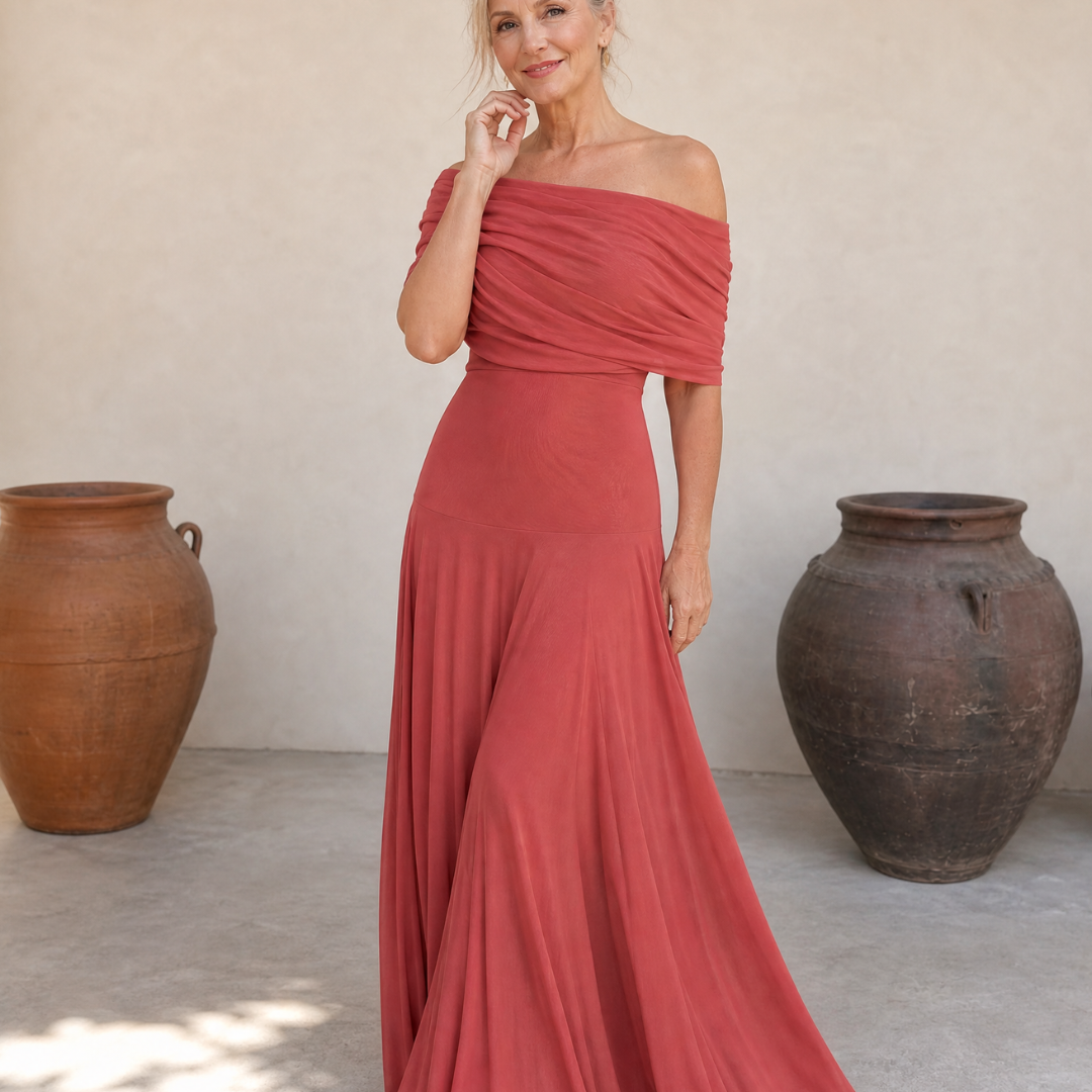 Valerinne | Maxi Dress with Draped Bodice and Off-Shoulder Design