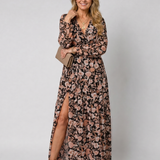 Camelo | Vestido Largo de Manga Larga con Diseño Floral