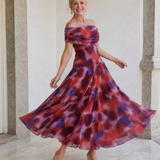 Violla | Vestido Midi Fluido con Estampado de Acuarela y Hombros al Descubierto