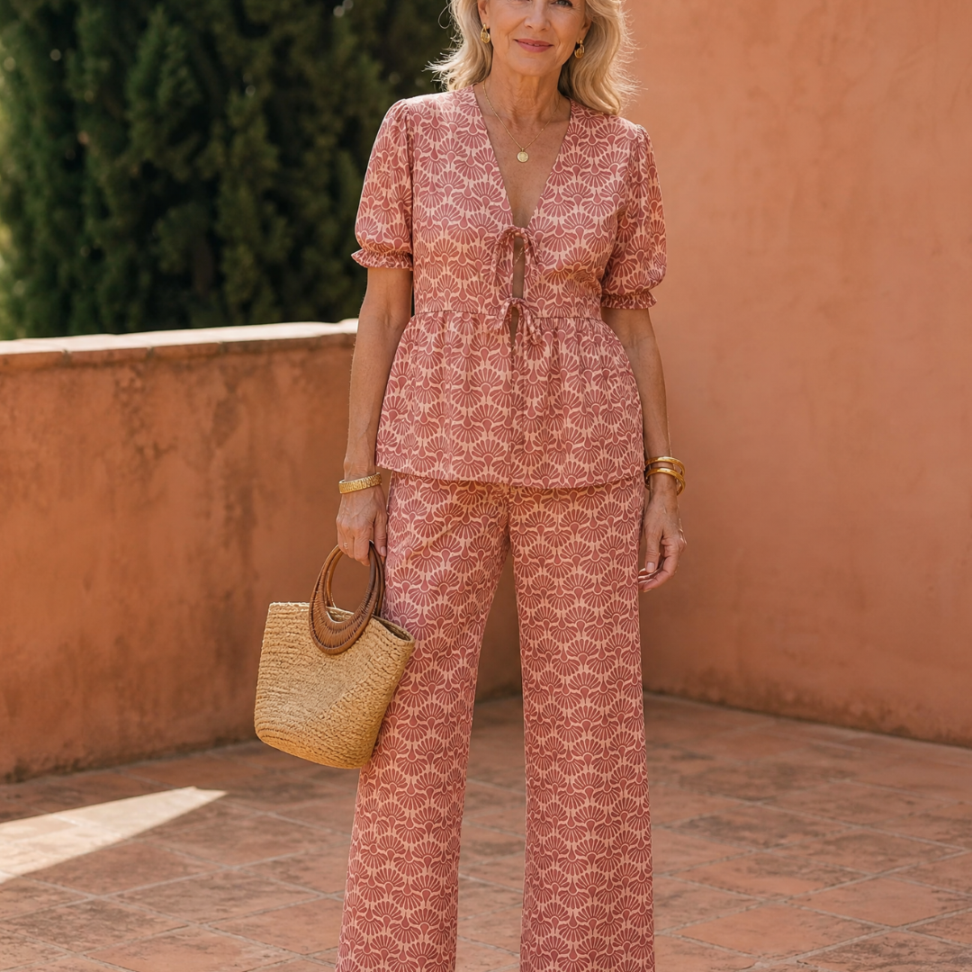 Somar | Conjunto de Top con Mangas Abullonadas y Estampado Floral + Pantalones de Pierna Recta