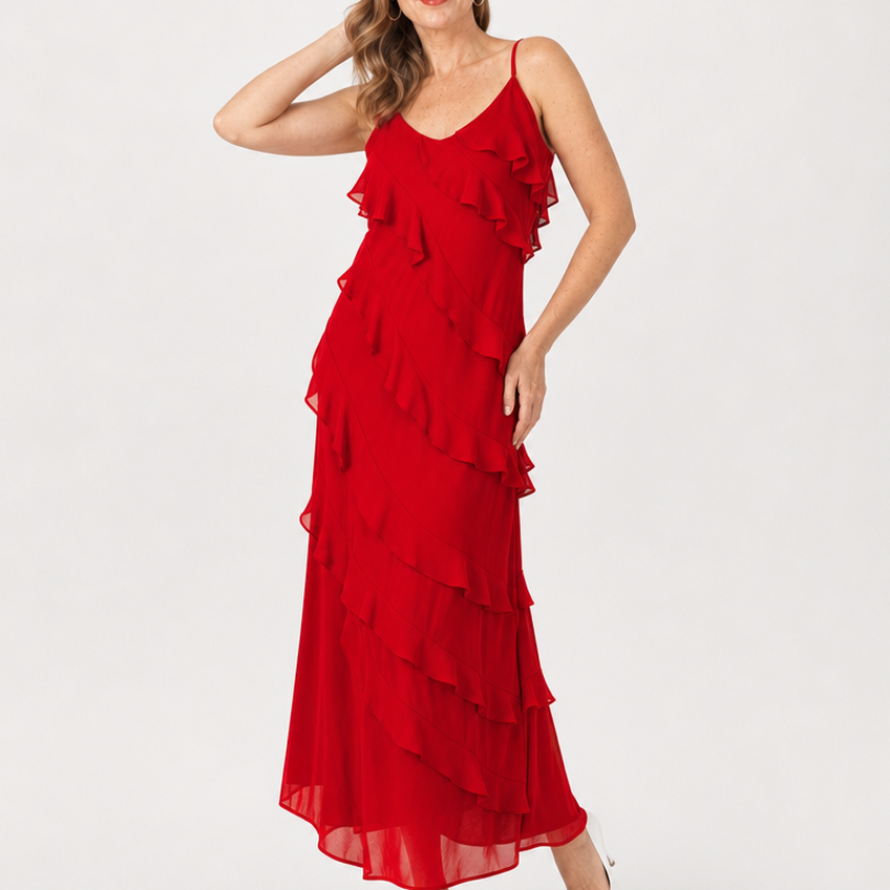 Riper | Maxi Vestido con Tirantes de Espagueti y Capas con Volantes