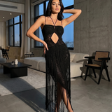 Zampa | Maxi Vestido de Ganchillo con Flecos y Cuello Halter