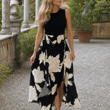 Klasen | Vestido Midi Sin Mangas con Diseño Floral y Dobladillo Asimétrico