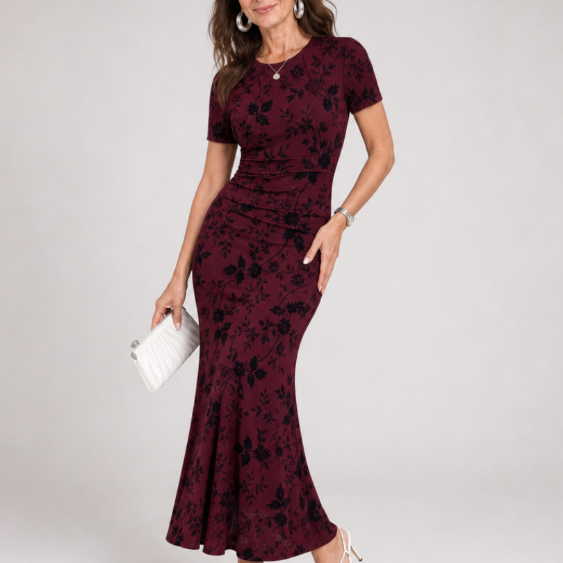 Marie | Vestido Midi de Manga Corta con Cuello Redondo