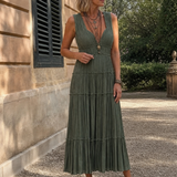 Somala | Vestido Midi Sin Mangas con Pliegues y Escote en Forma de V