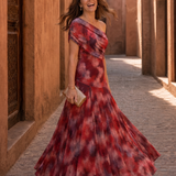 Zarephine | Vestido Maxi Fluido de Un Hombro con Estampado Acuarela