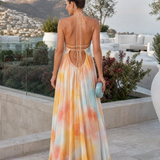 Solmira | Vestido Maxi Fluido con Escote Halter en Estampado Acuarela