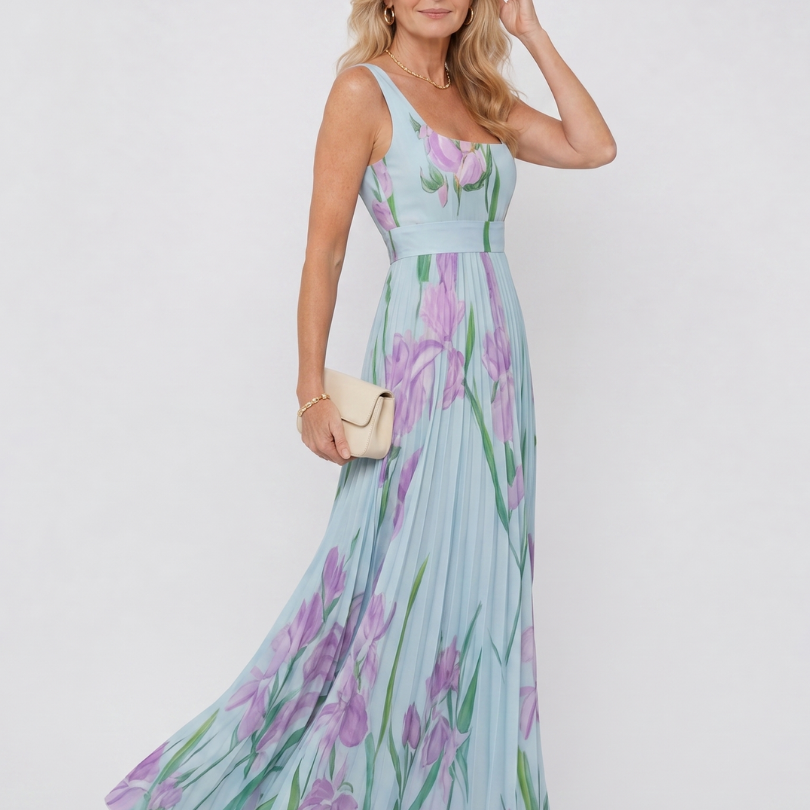 Vimele | Vestido Midi Sin Mangas con Cuello Cuadrado y Pliegues