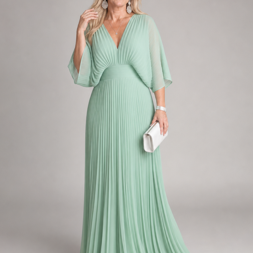 Semorph | Vestido Maxi de Manga Larga Plisado con Escote en V