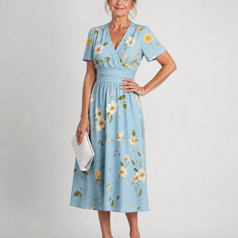 Marion | Vestido Midi de Manga Corta con Diseño Floral