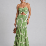 Azaria | Conjunto de Dos Piezas: Vestido Maxi Impreso Sin Tirantes