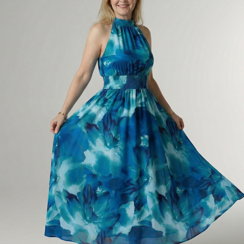 Sylin | Vestido Midi con Cuello Halter y Detalle Fruncido