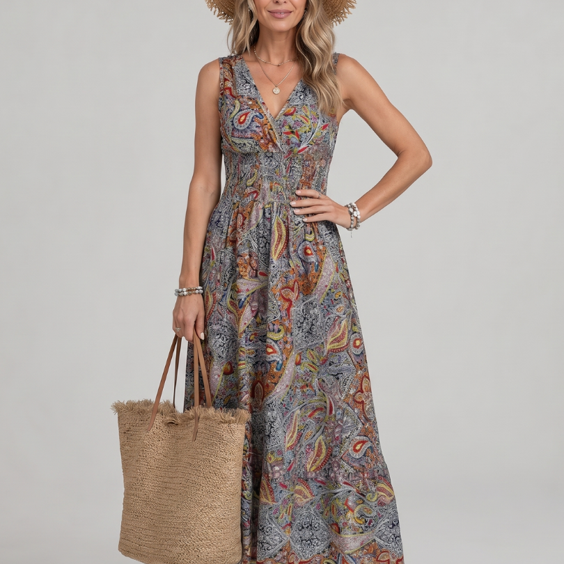 Marisela | Vestido Midi Sin Mangas con Diseño Paisley