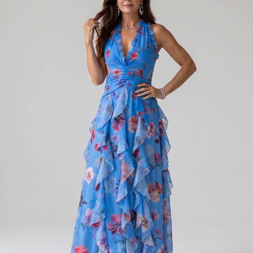 Nori | Vestido Maxi Floral con Escote Halter y Cuerpo Ajustado