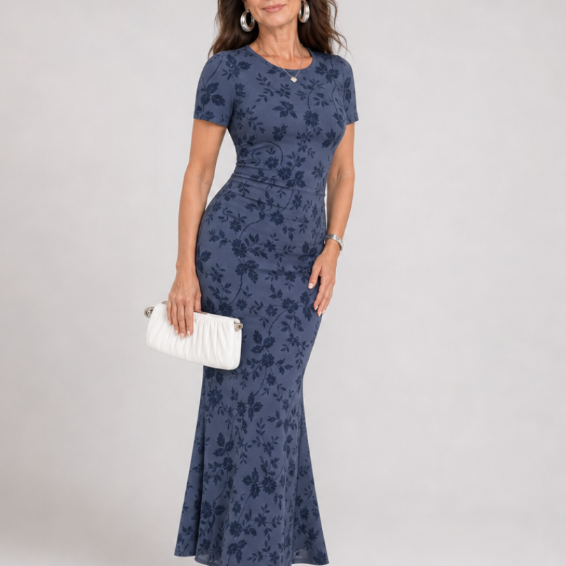 Marie | Vestido Midi de Manga Corta con Cuello Redondo