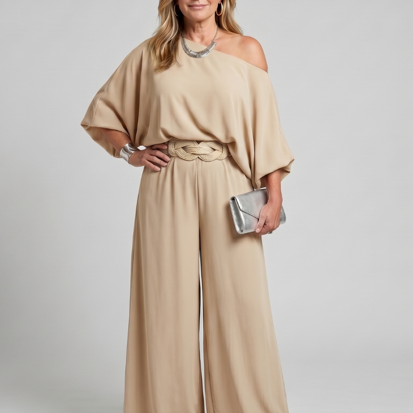 Siomara | Blusa de Un Hombro con Mangas Anchas y Conjunto de Pantalones de Pierna Ancha