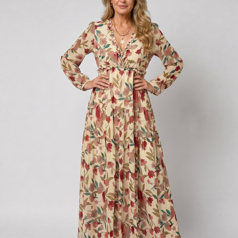 Camelo | Vestido Largo de Manga Larga con Diseño Floral