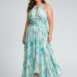 Portia | Vestido Midi Floral con Cuello Halter y Pliegues Suaves
