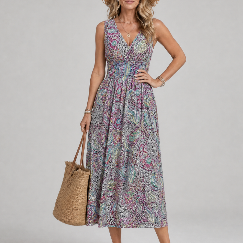 Marisela | Vestido Midi Sin Mangas con Diseño Paisley