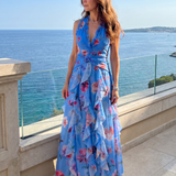 Nori | Vestido Maxi Floral con Escote Halter y Cuerpo Ajustado