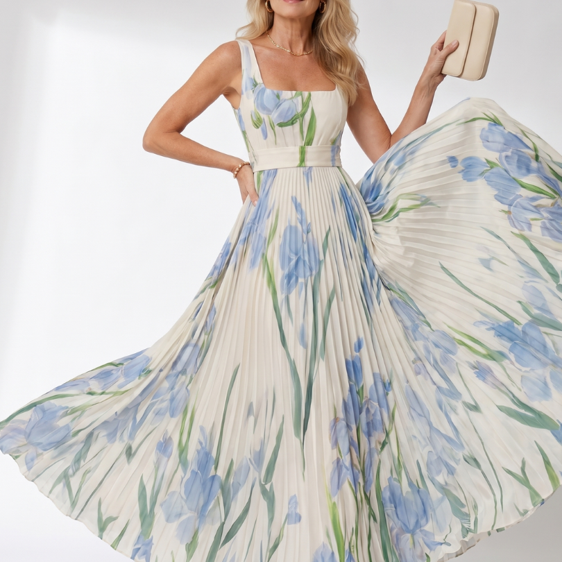 Vimele | Vestido Midi Sin Mangas con Cuello Cuadrado y Pliegues