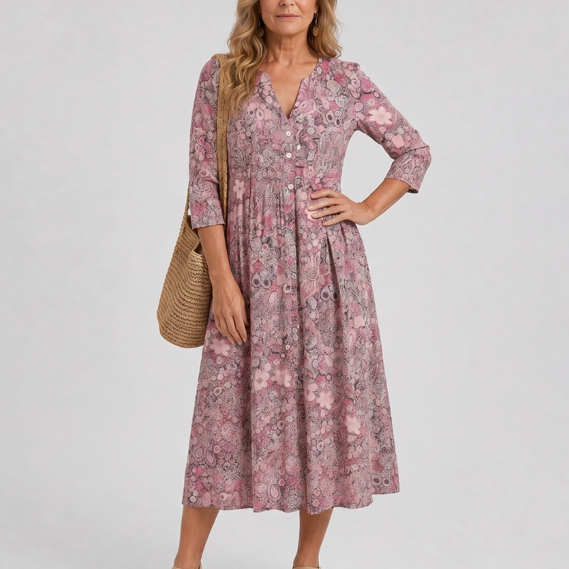Picao | Vestido Midi Vintage de Manga Tres Cuartos" can be rewritten as: "Picao | Vestido Midi Retro de Manga Tres Cuartos