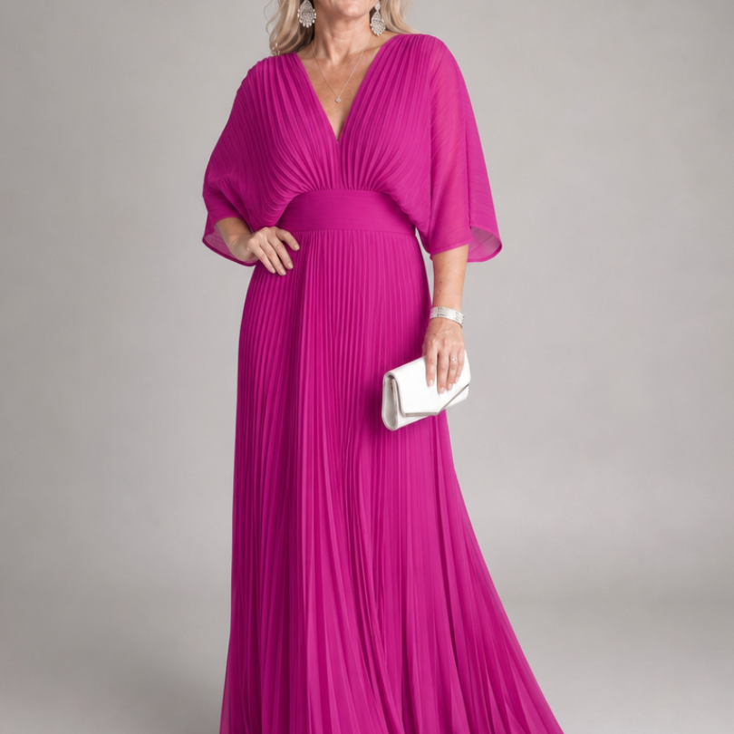 Semorph | Vestido Maxi de Manga Larga Plisado con Escote en V