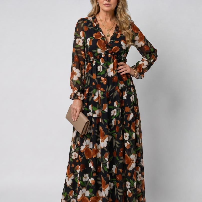 Camelo | Vestido Largo de Manga Larga con Diseño Floral