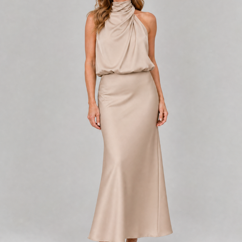 Nopal | Vestido Midi Sin Mangas con Cuello Drapado Elegante