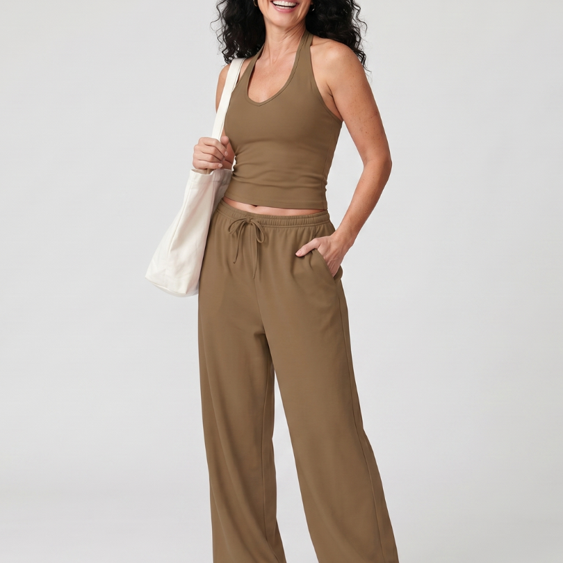 Helena | Conjunto de Top Sin Mangas con Escote Redondo y Pantalones de Pierna Amplia